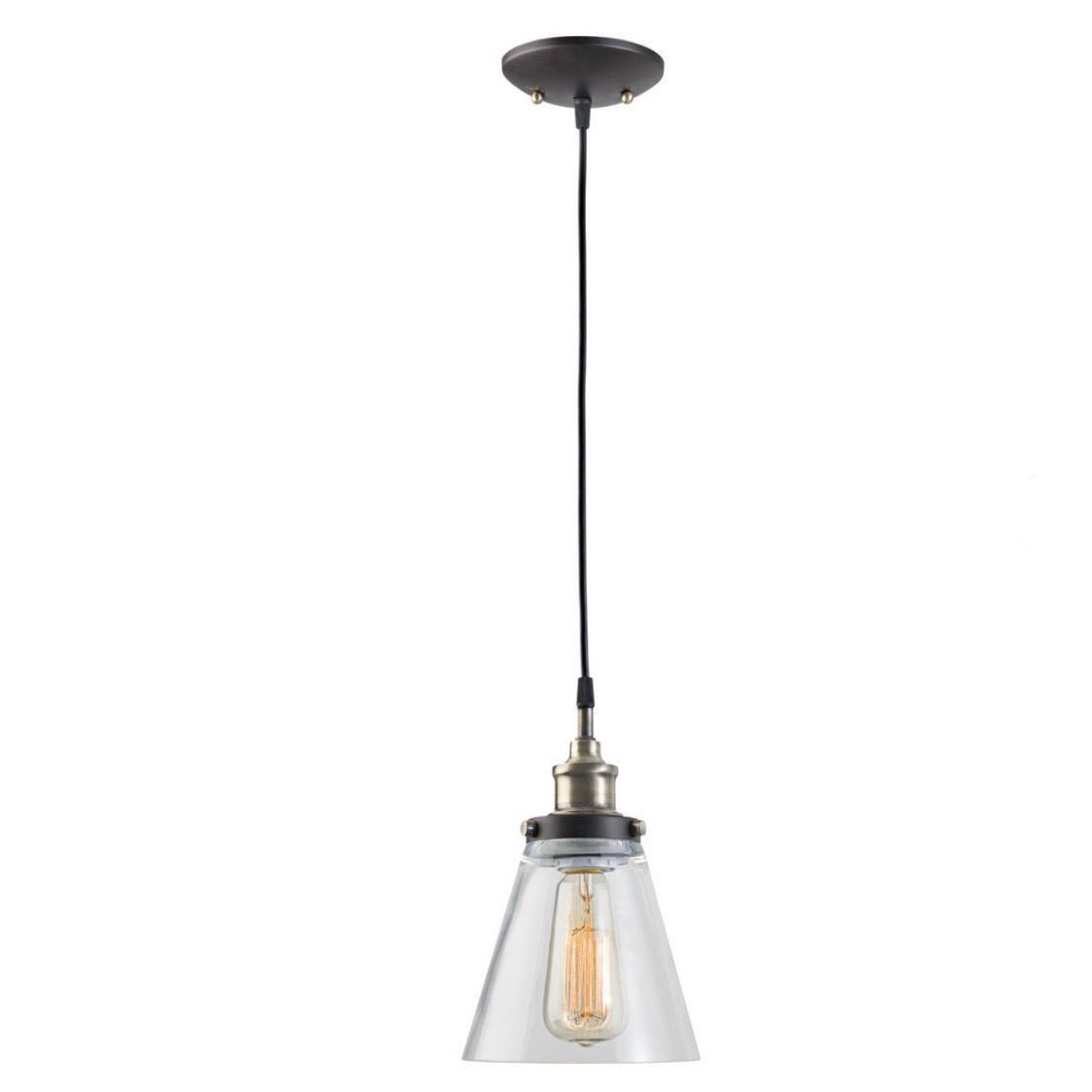Jackson 1-Light Antique Brass & Bronze Pendant With Fabric Cord And Clear Glass Shade by Globe Electric