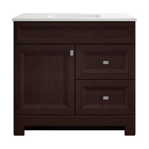 Sedgewood 36-1/2 in. W Bath Vanity in Dark Cognac with Solid Surface Technology Vanity Top in Arctic with White Sink by Home Decorators Collection
