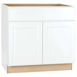 Hampton Bay Satin White Raised Panel Stock Assembled Sink Base Kitchen Cabinet (30 in. x 34.5 in. x 24 in.)