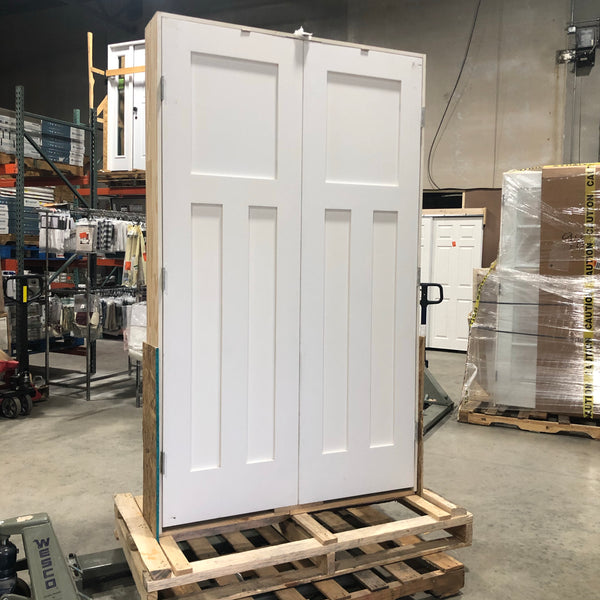 48 in. x 80 in. 3-Panel Mission Shaker White Primed Solid Core Wood Double Prehung Interior Door with Bronze Hinges by Steves & Sons