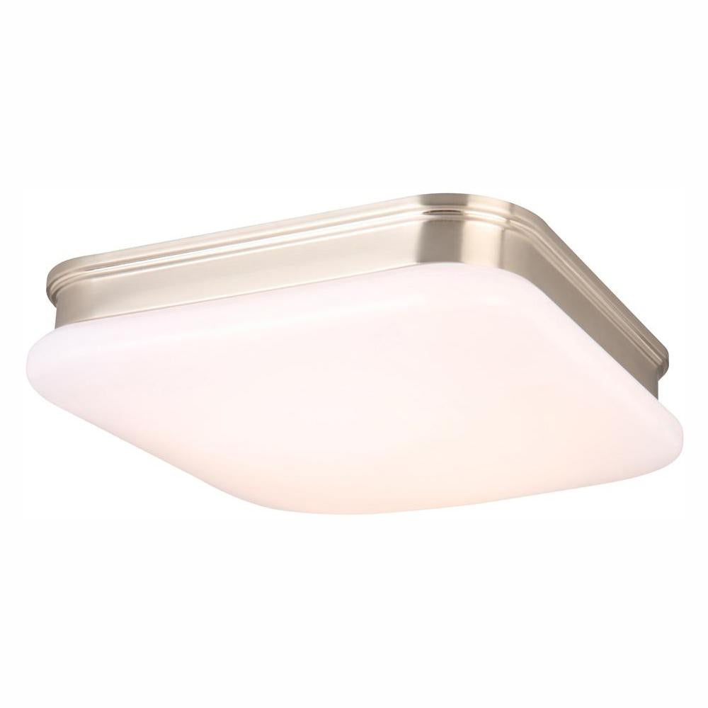 11 in. 120-Watt Equivalent Brushed Nickel Square Integrated LED Flush Mount with White Glass Shade by Hampton Bay