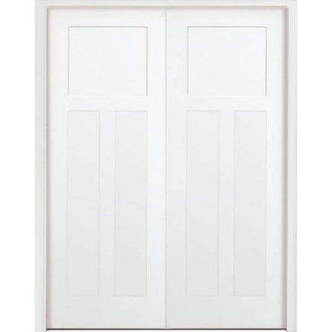 48 in. x 80 in. 3-Panel Mission Shaker White Primed Solid Core Wood Double Prehung Interior Door with Bronze Hinges by Steves & Sons