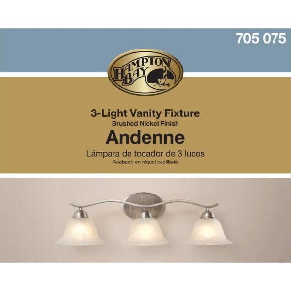 Andenne 3-Light Brushed Nickel Vanity Light with Bell Shaped Marbleized Glass Shades by Hampton Bay