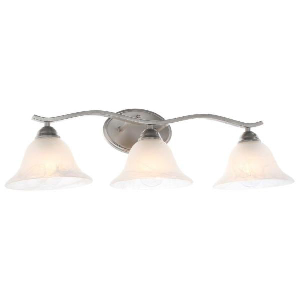Andenne 3-Light Brushed Nickel Vanity Light with Bell Shaped Marbleized Glass Shades by Hampton Bay