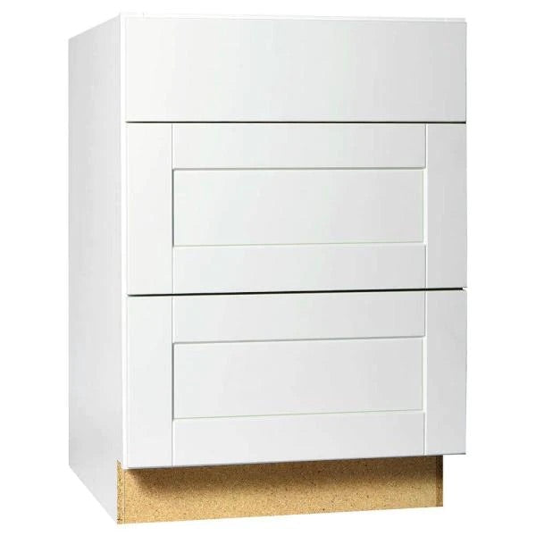 Hampton Bay Shaker Satin White Stock Assembled 3 Drawer Base Cabinet with Drawer Glides (24 in. x 34.5 in. x 24 in.)
