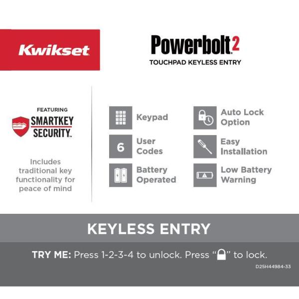 Kwikset Powerbolt2 Satin Nickel Single Cylinder Electronic Deadbolt Featuring SmartKey Security