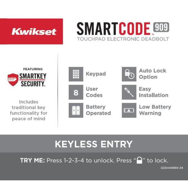 Kwikset SmartCode 909 Satin Nickel Single Cylinder Electronic Deadbolt Featuring SmartKey Security