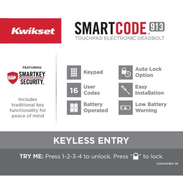 Kwikset SmartCode 913 Lifetime Polished Brass Single Cylinder Electronic Deadbolt Featuring SmartKey Security