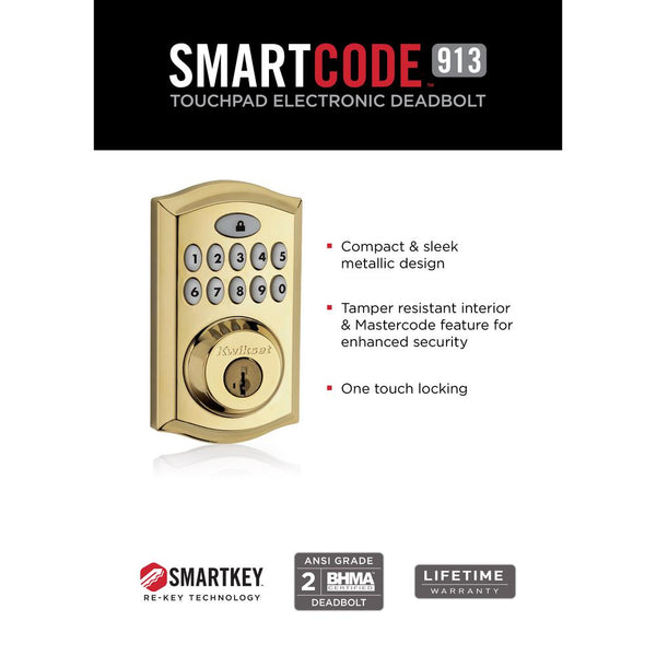 Kwikset SmartCode 913 Lifetime Polished Brass Single Cylinder Electronic Deadbolt Featuring SmartKey Security