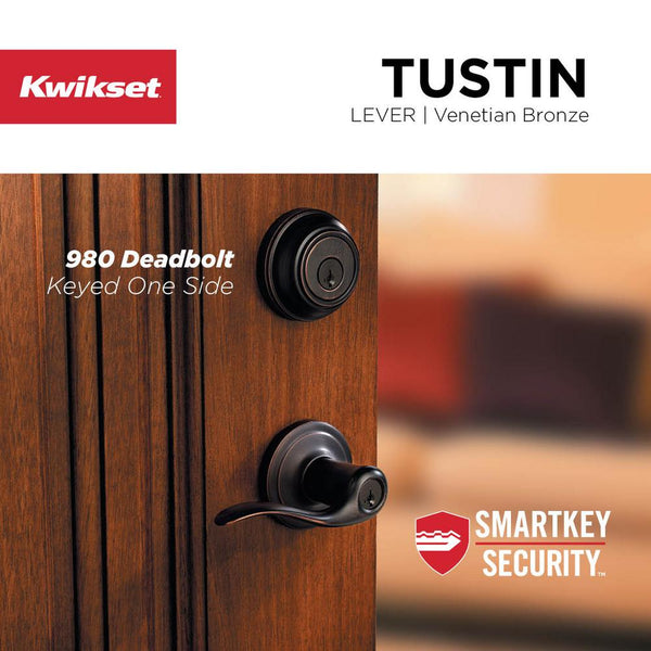Kwikset Tustin Venetian Bronze ExteriorEntry Door Lever and Single Cylinder Deadbolt Combo Pack Featuring SmartKey Security