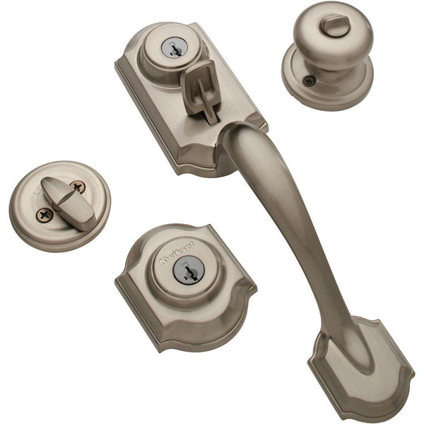 Kwikset Montara Satin Nickel Single Cylinder Door Handleset with Juno Entry Door Knob Featuring SmartKey Security