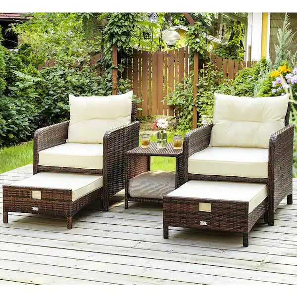 PamaPic Rattan 5-Piece Wicker Patio Furniture Set Outdoor Patio Chairs with Ottomans Beige