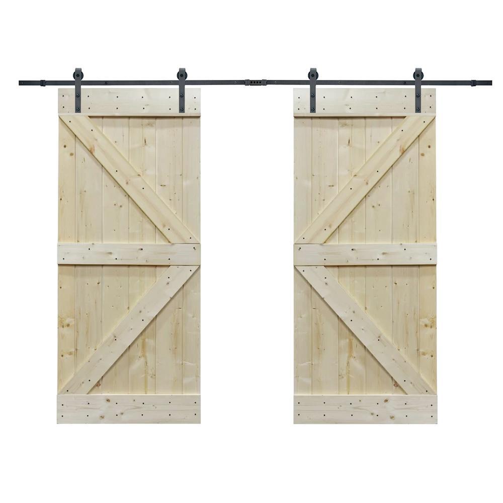 CALHOME 60 in. x 84 in. Unfinished Solid Core Knotty Pine Sliding Barn Door with Hardware Kit
