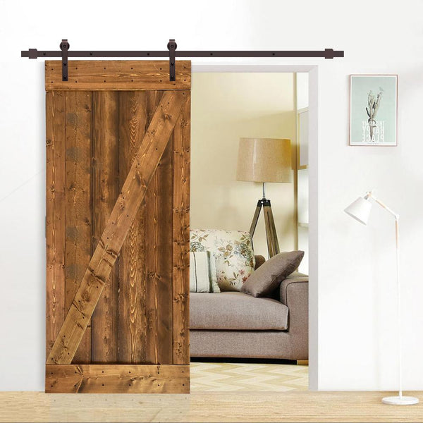 CALHOME Distressed 30 in. x 84 in. Walnut Solid Pine Wood Interior Sliding Barn Door Kit