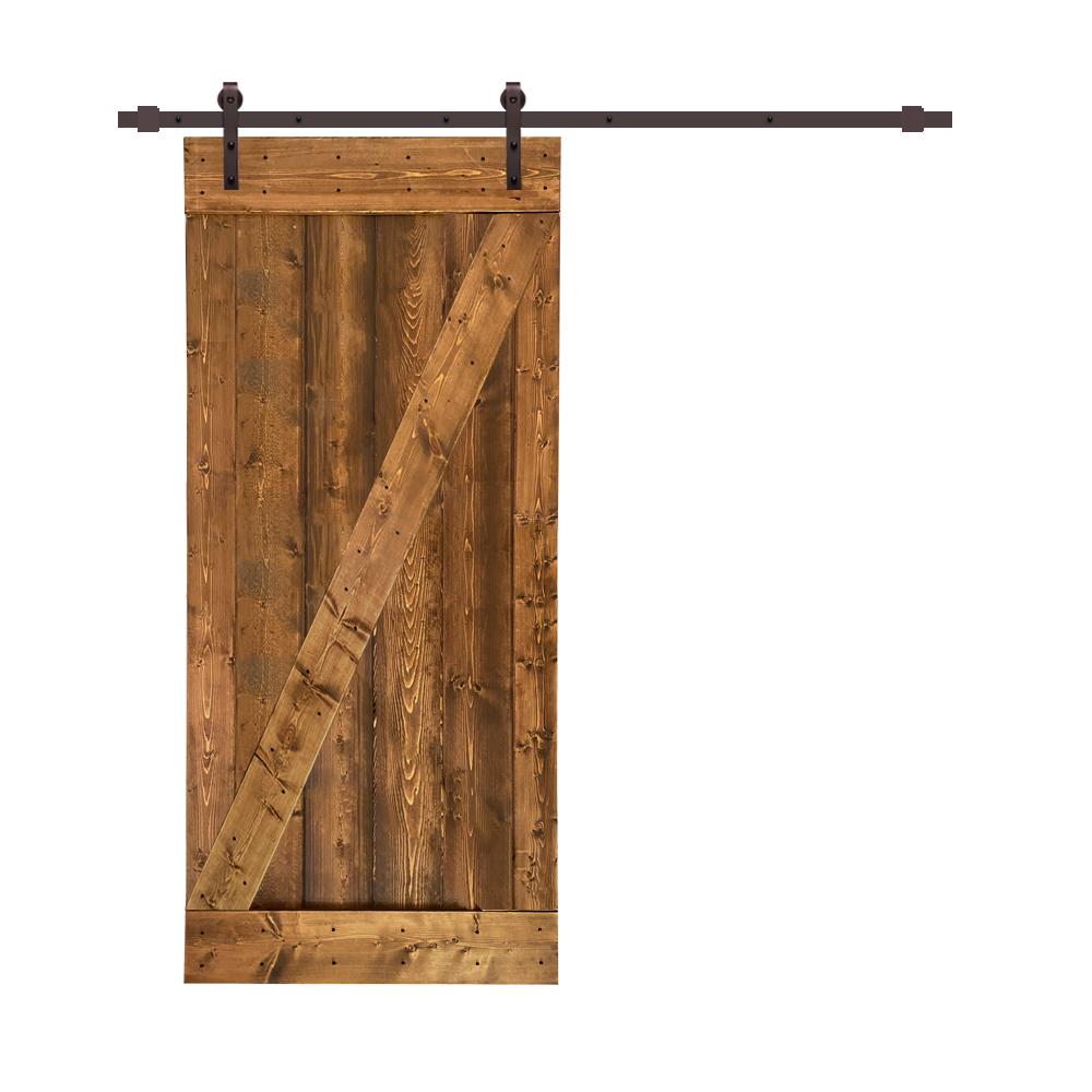CALHOME Distressed 30 in. x 84 in. Walnut Solid Pine Wood Interior Sliding Barn Door Kit