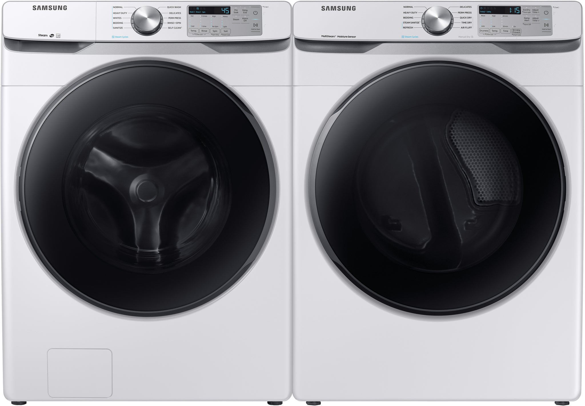 NEW: Samsung 4.5 cu. ft. Front Load Washer with Steam in White WF45R6100AW/US / WF45R6100AW/US + 7.5 cu. ft. Smart Electric Dryer with Steam Sanitize+ in White DVE45B6300W / DVE45B6300W/A3