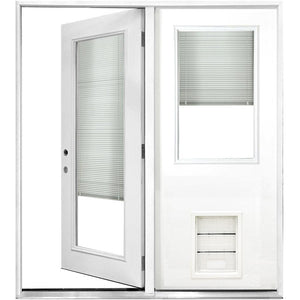 72 in. x 80 in. Clear Mini-Blind White Primed Prehung RHIS Fiberglass CenterHinge Patio Door w/ XL Pet Door by Steves & Sons
