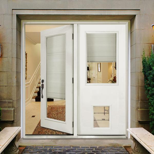 72 in. x 80 in. Clear Mini-Blind White Primed Prehung RHIS Fiberglass CenterHinge Patio Door w/ XL Pet Door by Steves & Sons